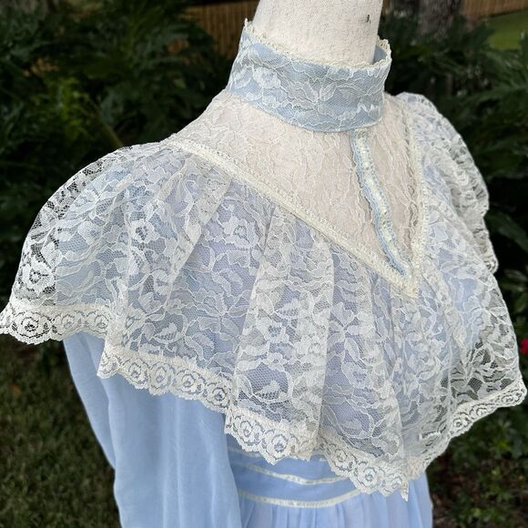 70s Candi Jones California Vintage Prairie Maxi Blue Lace High Neck Long 9 - Picture 3 of 14